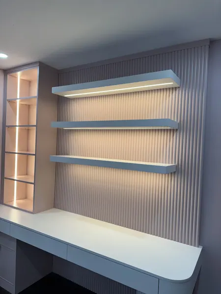 Floating shelves with built-in LED strip lighting